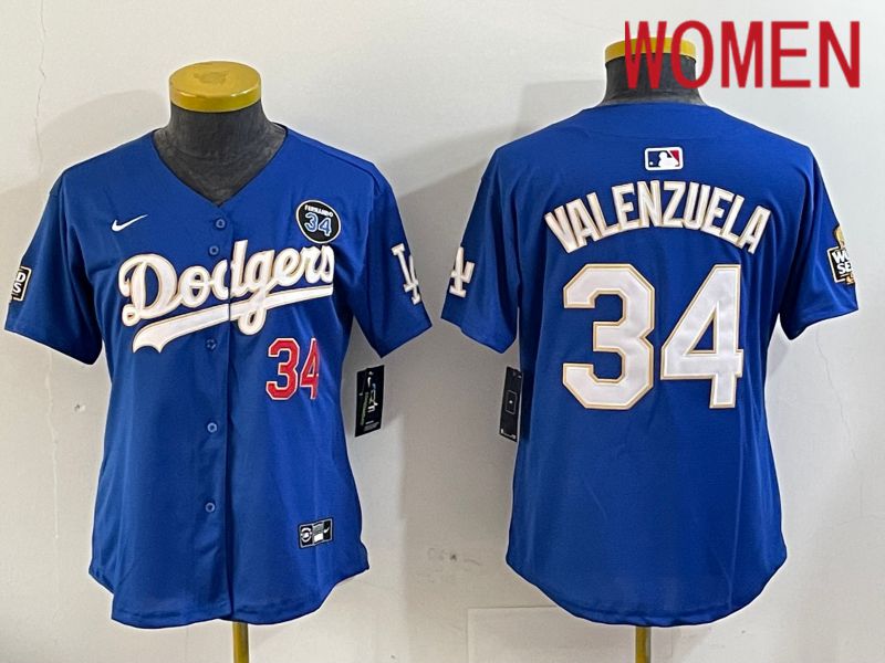 Women Los Angeles Dodgers 34 Valenzuela Blue Gold Game 2024 Nike MLB Jersey style 1120
